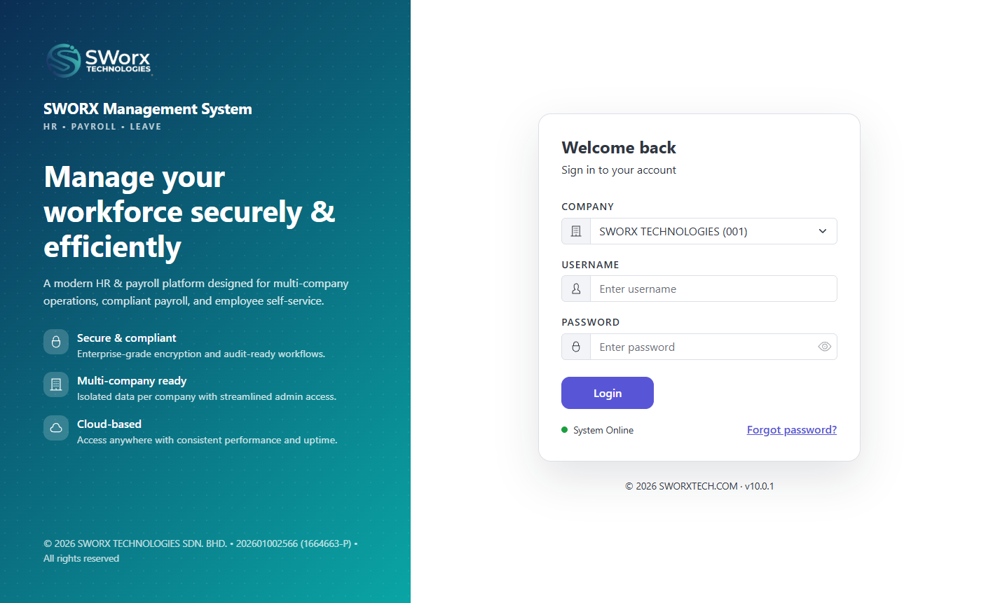 Skrin log masuk Sistem Pengurusan SWORX