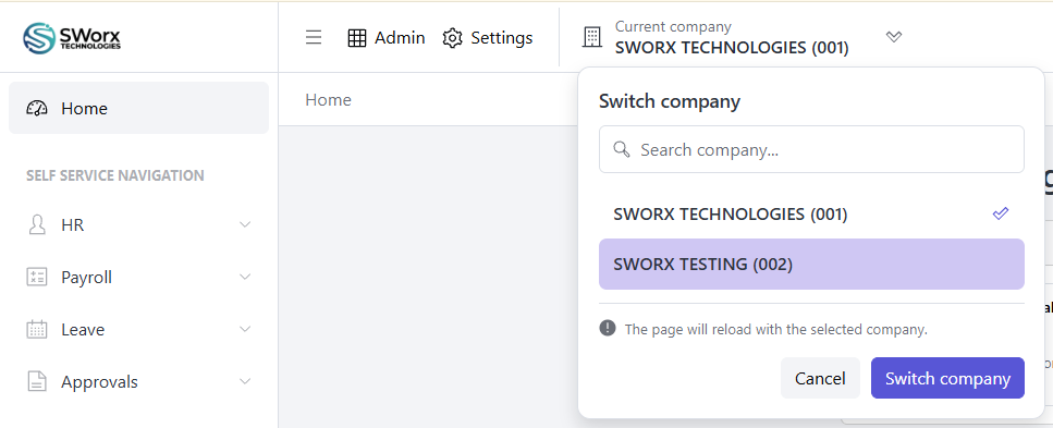 Pemilih syarikat SWORX menunjukkan carian dan pilihan antara SWORX Technologies dan SWORX Testing
